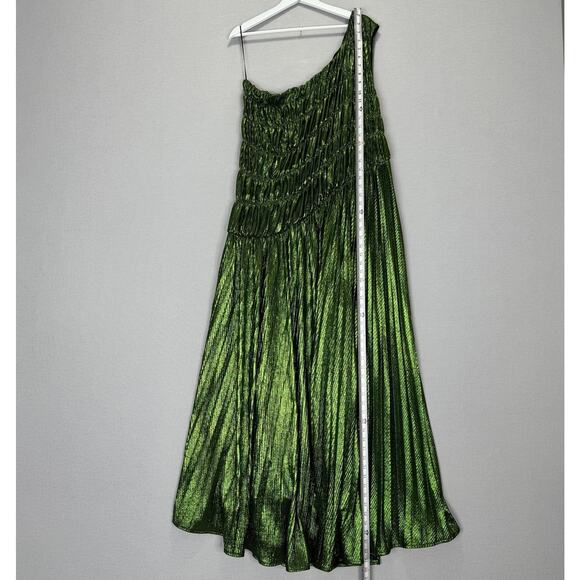 Akira Stay Radiant Metallic Maxi Womens 2X Green One Shoulder Pleated Gown Prom - Picture 11 of 14